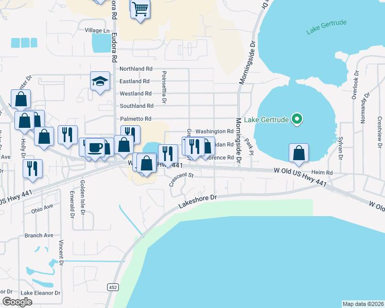 map of restaurants, bars, coffee shops, grocery stores, and more near 1391 Greenway Drive in Mount Dora