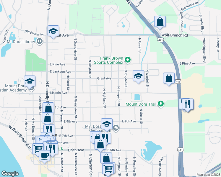 map of restaurants, bars, coffee shops, grocery stores, and more near 1321 North Orange Street in Mount Dora