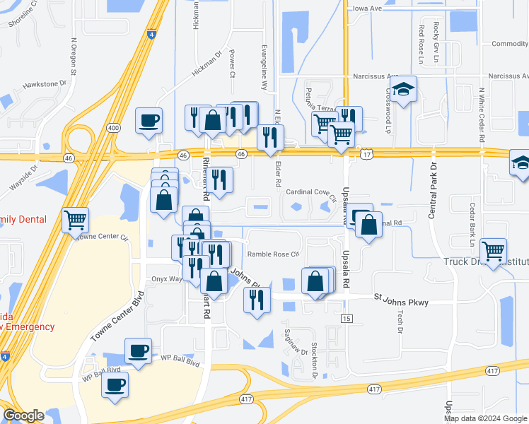 map of restaurants, bars, coffee shops, grocery stores, and more near 1811 San Jacinto Circle in Sanford