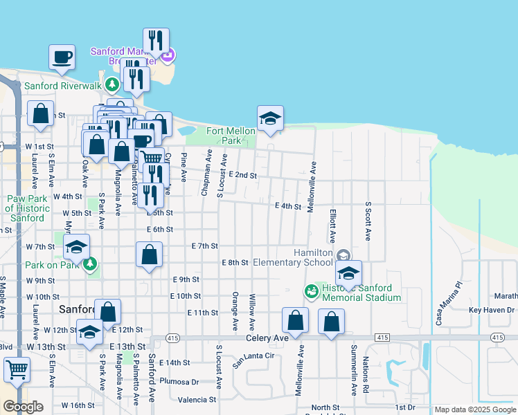 map of restaurants, bars, coffee shops, grocery stores, and more near 1001 East 4th Street in Sanford