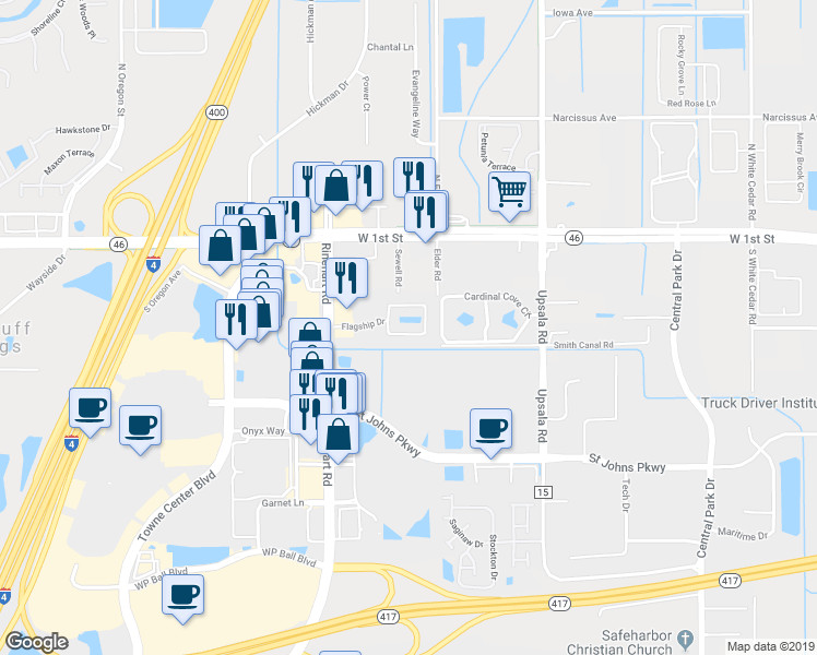 map of restaurants, bars, coffee shops, grocery stores, and more near 3211 San Jacinto Circle in Sanford