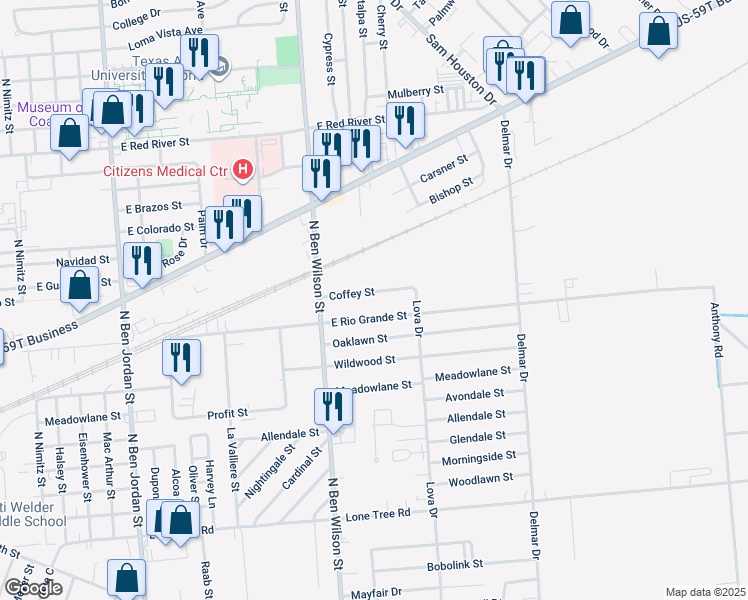 map of restaurants, bars, coffee shops, grocery stores, and more near 3104 Coffey Street in Victoria