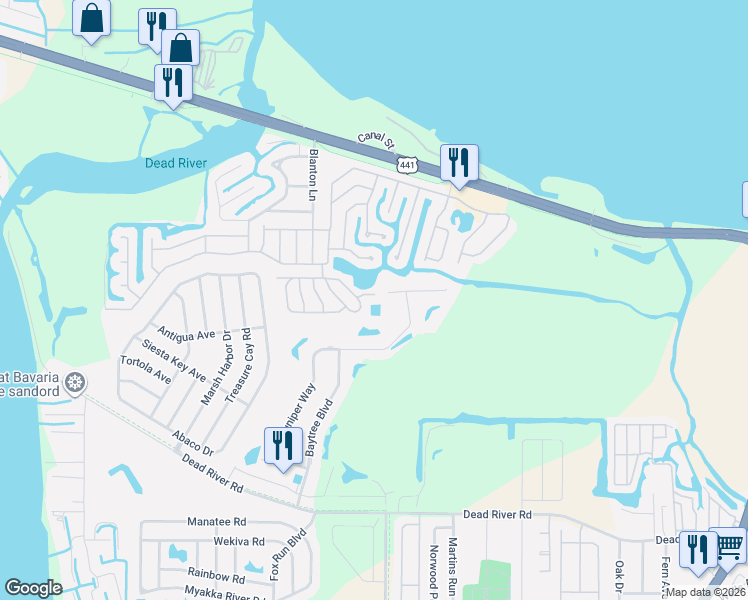 map of restaurants, bars, coffee shops, grocery stores, and more near 722 Landry Lane in Tavares