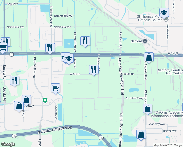 map of restaurants, bars, coffee shops, grocery stores, and more near 3301 Florida 46 in Sanford