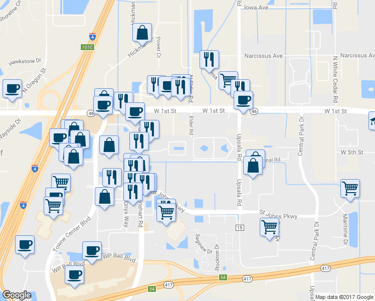 map of restaurants, bars, coffee shops, grocery stores, and more near 2530 San Jacinto Circle in Sanford