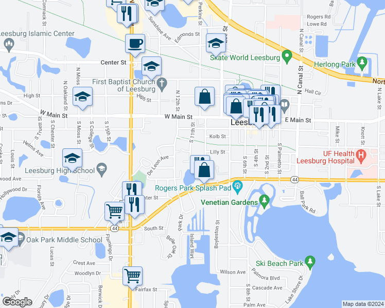 map of restaurants, bars, coffee shops, grocery stores, and more near 400 South 11th Street in Leesburg