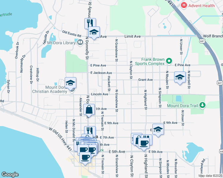 map of restaurants, bars, coffee shops, grocery stores, and more near 1320 Hackett Street in Mount Dora