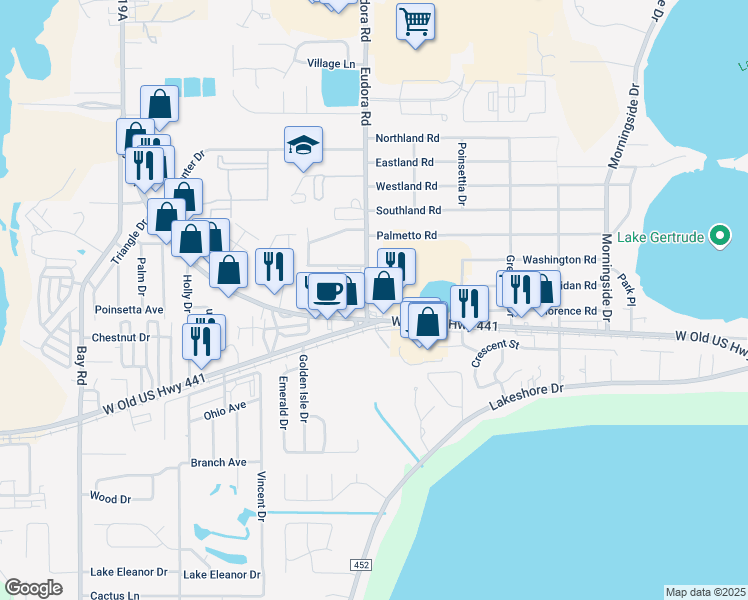 map of restaurants, bars, coffee shops, grocery stores, and more near 1400 Eudora Road in Mount Dora