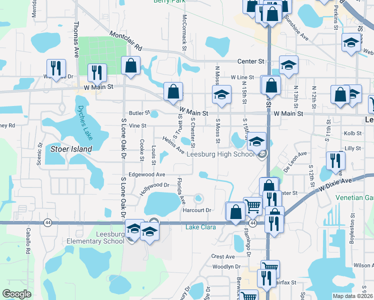 map of restaurants, bars, coffee shops, grocery stores, and more near 208 South Chester Street in Leesburg