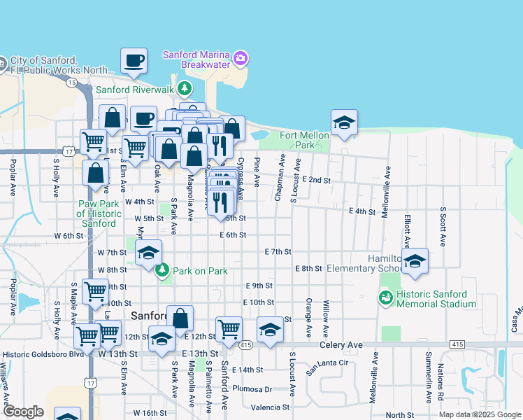 map of restaurants, bars, coffee shops, grocery stores, and more near 409 Pine Avenue in Sanford