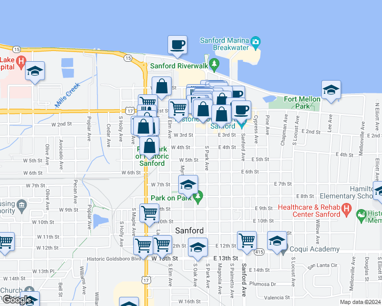 map of restaurants, bars, coffee shops, grocery stores, and more near 408 South Oak Avenue in Sanford