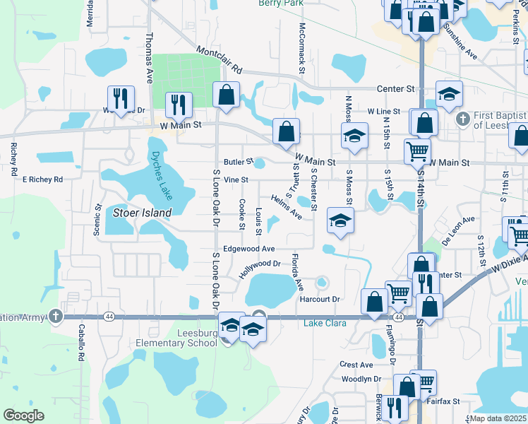 map of restaurants, bars, coffee shops, grocery stores, and more near 304 Louis Street in Leesburg
