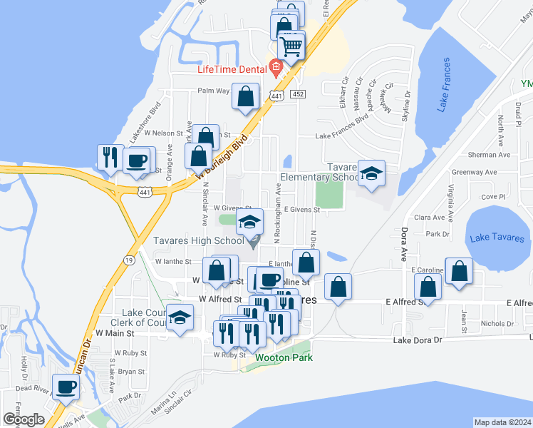 map of restaurants, bars, coffee shops, grocery stores, and more near 722 North New Hampshire Avenue in Tavares