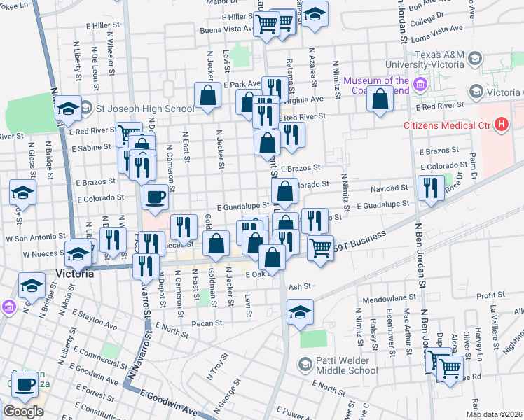 map of restaurants, bars, coffee shops, grocery stores, and more near 1611 North Laurent Street in Victoria