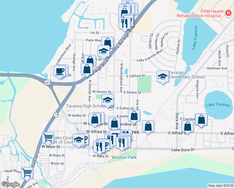 map of restaurants, bars, coffee shops, grocery stores, and more near 106 East Givens Street in Tavares