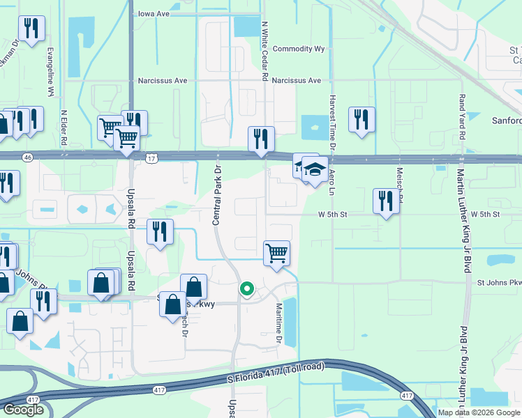 map of restaurants, bars, coffee shops, grocery stores, and more near 108 Cedar Bark Lane in Sanford