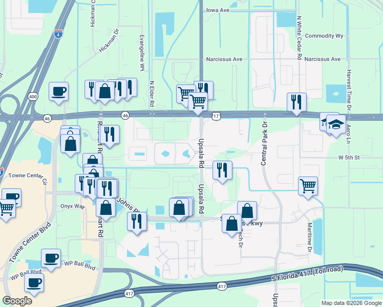 map of restaurants, bars, coffee shops, grocery stores, and more near 2103 Cardinal Cove Circle in Sanford