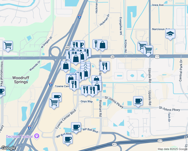 map of restaurants, bars, coffee shops, grocery stores, and more near 1840 Rinehart Road in Sanford