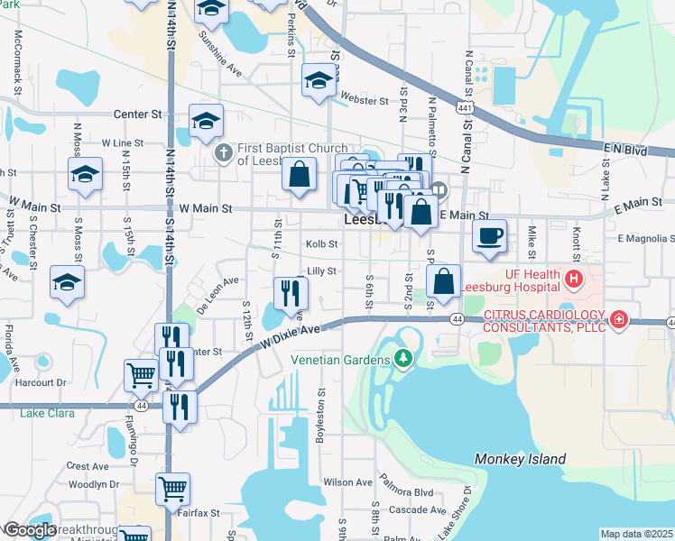 map of restaurants, bars, coffee shops, grocery stores, and more near 217 South 7th Street in Leesburg