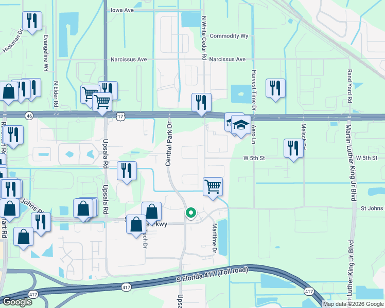 map of restaurants, bars, coffee shops, grocery stores, and more near 108 Cedar Bark Lane in Sanford