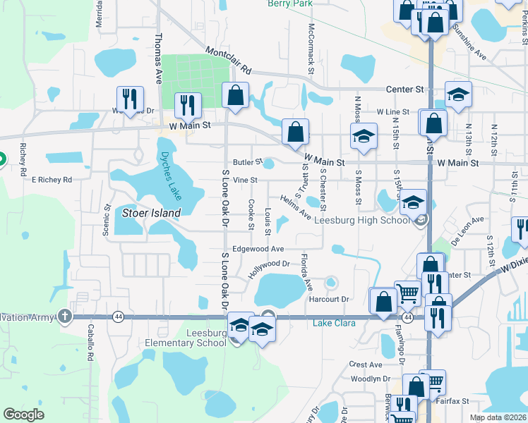 map of restaurants, bars, coffee shops, grocery stores, and more near 307 Louis Street in Leesburg