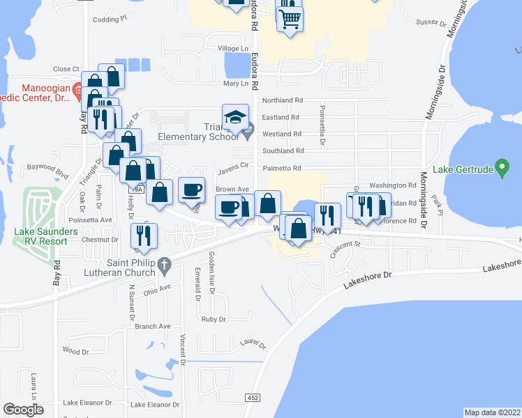 map of restaurants, bars, coffee shops, grocery stores, and more near 2403 Northland Road in Mount Dora