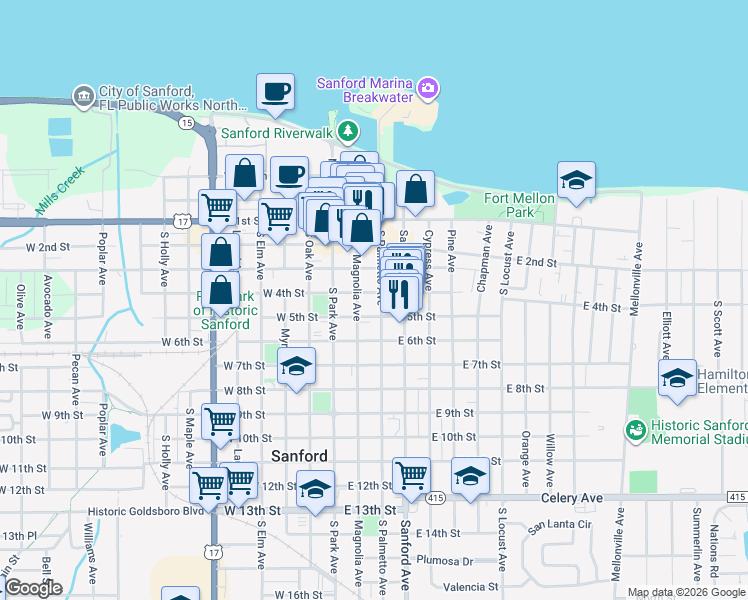map of restaurants, bars, coffee shops, grocery stores, and more near 321 Magnolia Avenue in Sanford