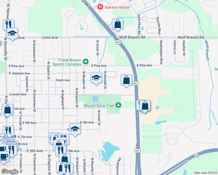 map of restaurants, bars, coffee shops, grocery stores, and more near 1515 Lincoln Avenue in Mount Dora