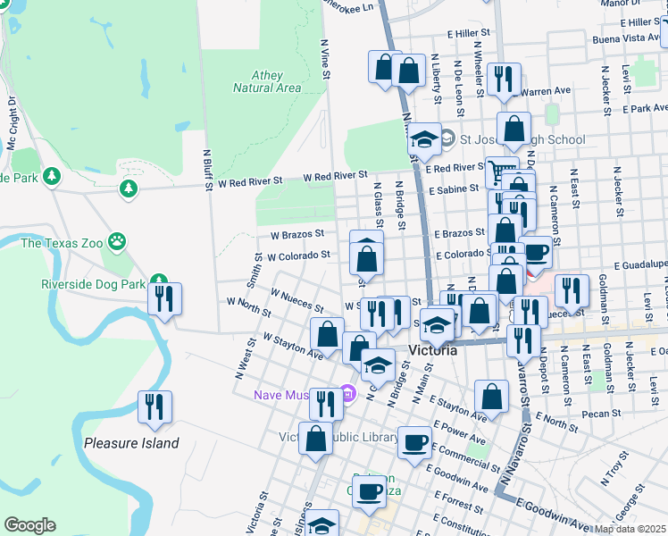 map of restaurants, bars, coffee shops, grocery stores, and more near 1507 North Vine Street in Victoria