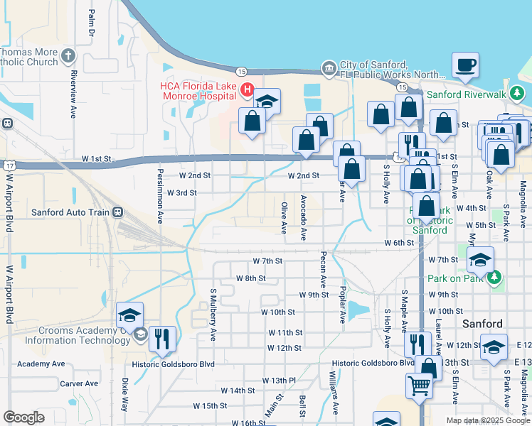 map of restaurants, bars, coffee shops, grocery stores, and more near 1410 Halstead Lane in Sanford