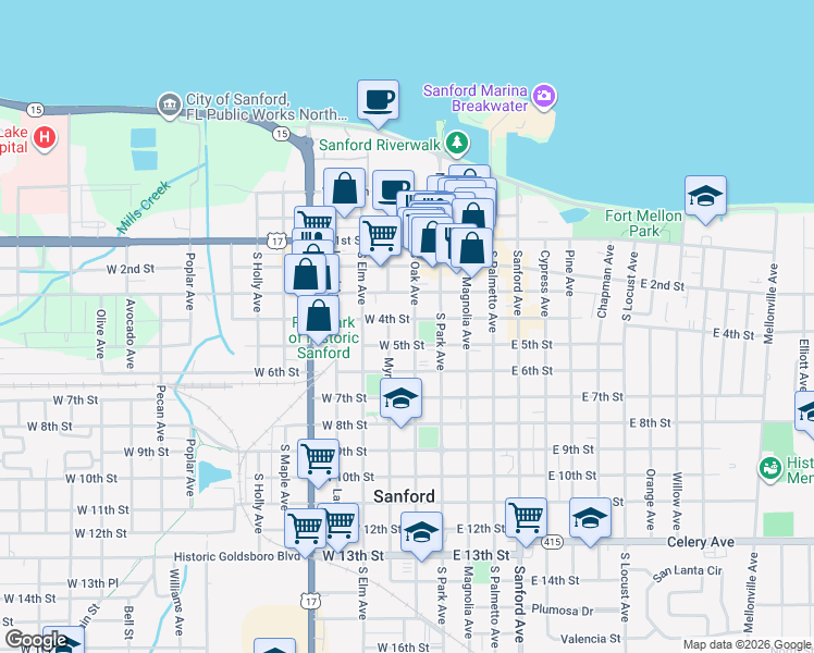map of restaurants, bars, coffee shops, grocery stores, and more near 402 South Oak Avenue in Sanford
