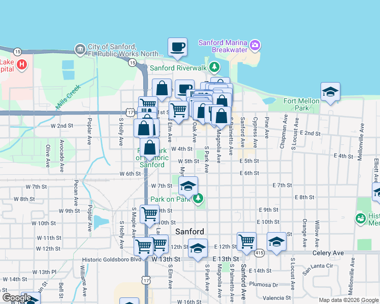map of restaurants, bars, coffee shops, grocery stores, and more near 216 West 4th Street in Sanford