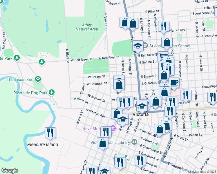 map of restaurants, bars, coffee shops, grocery stores, and more near 1507 North Vine Street in Victoria