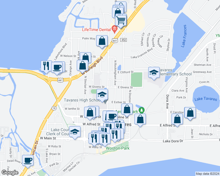 map of restaurants, bars, coffee shops, grocery stores, and more near 106 East Givens Street in Tavares