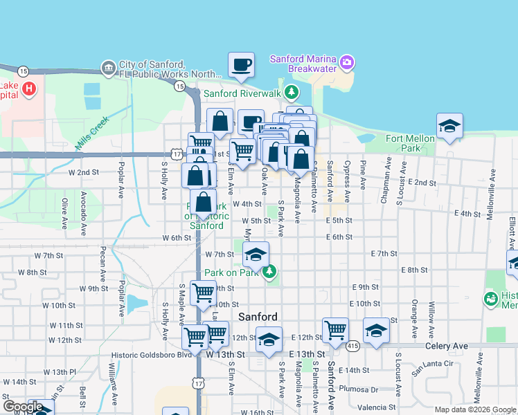 map of restaurants, bars, coffee shops, grocery stores, and more near 216 West 4th Street in Sanford