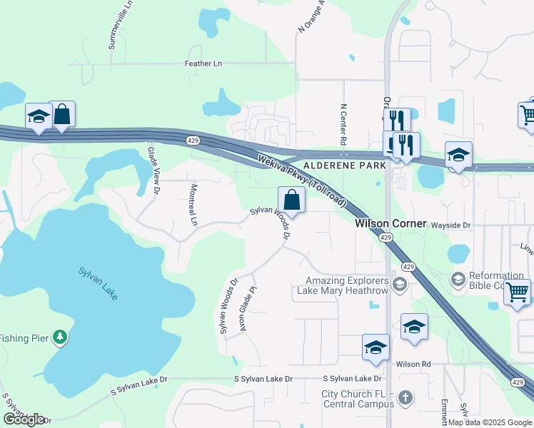 map of restaurants, bars, coffee shops, grocery stores, and more near 6813 Sylvan Woods Drive in Sanford