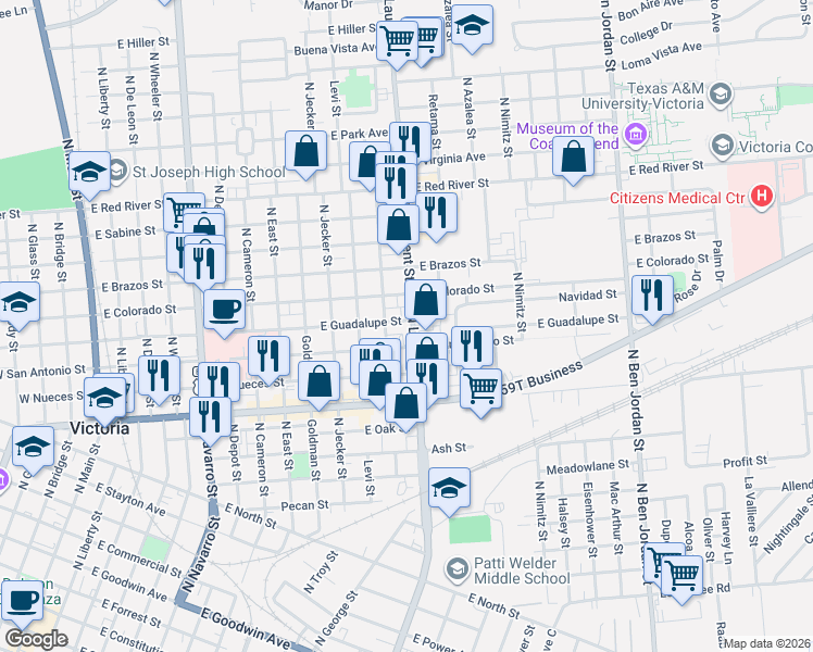 map of restaurants, bars, coffee shops, grocery stores, and more near 1611 N Laurent St in Victoria