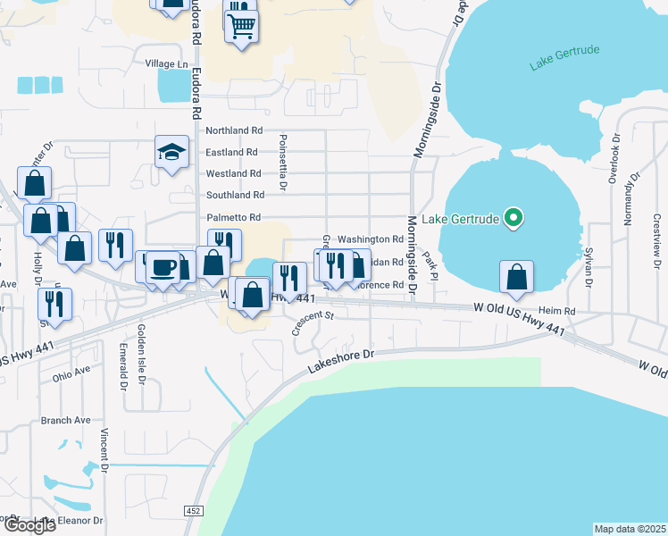map of restaurants, bars, coffee shops, grocery stores, and more near 2390 Sheridan Road in Mount Dora