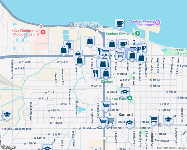 map of restaurants, bars, coffee shops, grocery stores, and more near 401 South Holly Avenue in Sanford