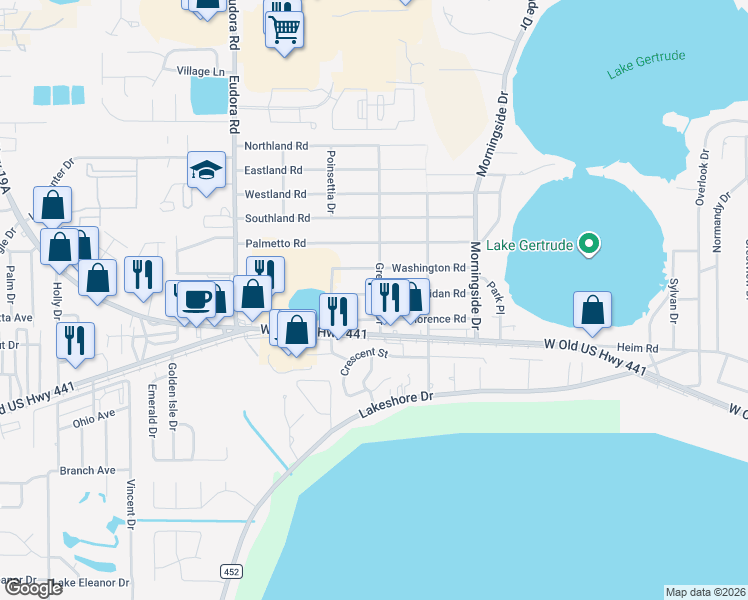 map of restaurants, bars, coffee shops, grocery stores, and more near 1391 Greenway Drive in Mount Dora
