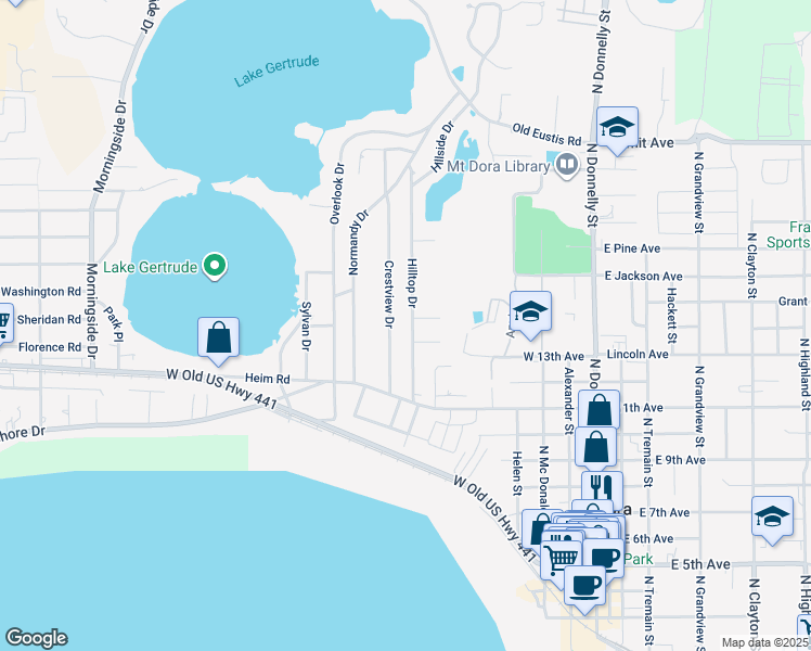 map of restaurants, bars, coffee shops, grocery stores, and more near 1426 Crestview Drive in Mount Dora