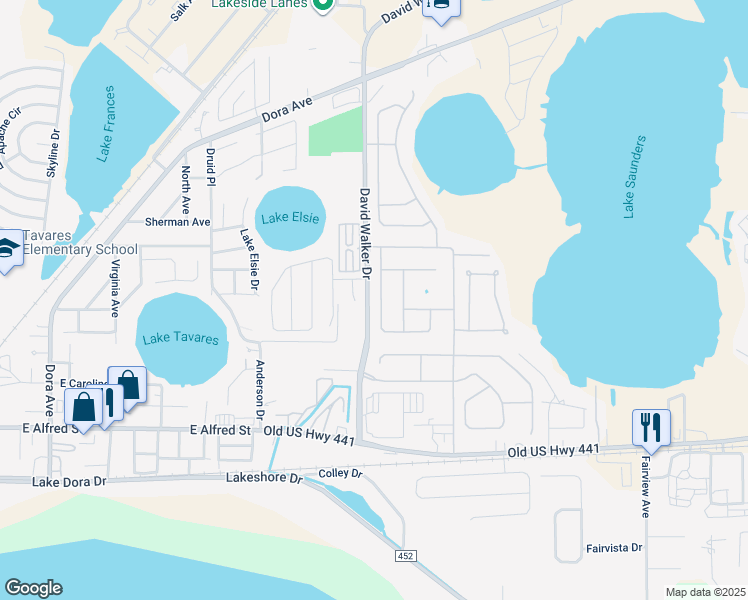 map of restaurants, bars, coffee shops, grocery stores, and more near 4066 Waltham Forest Drive in Tavares