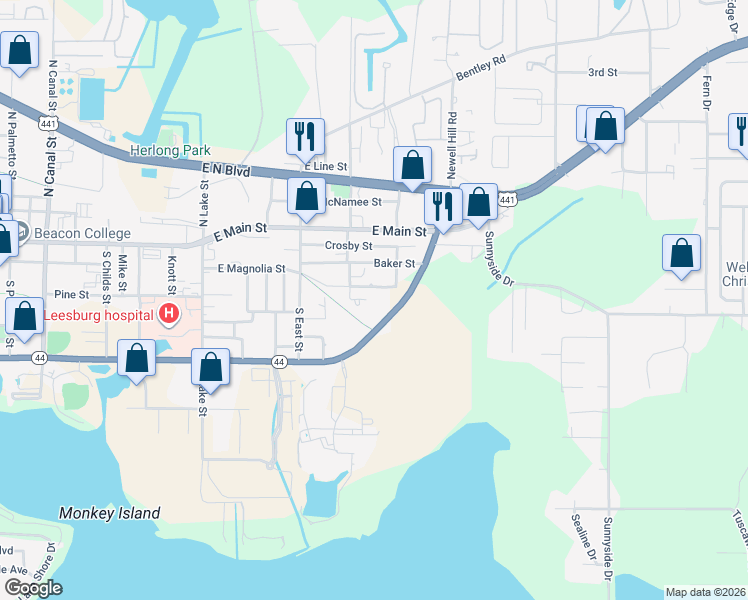 map of restaurants, bars, coffee shops, grocery stores, and more near 408 Church Street in Leesburg