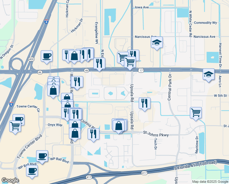 map of restaurants, bars, coffee shops, grocery stores, and more near 4321 Heron Lakes Drive in Sanford