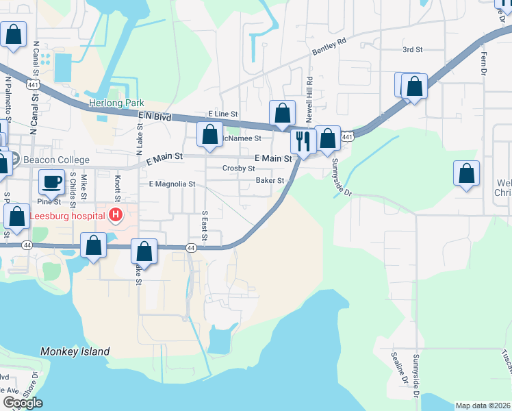 map of restaurants, bars, coffee shops, grocery stores, and more near 408 Church Street in Leesburg