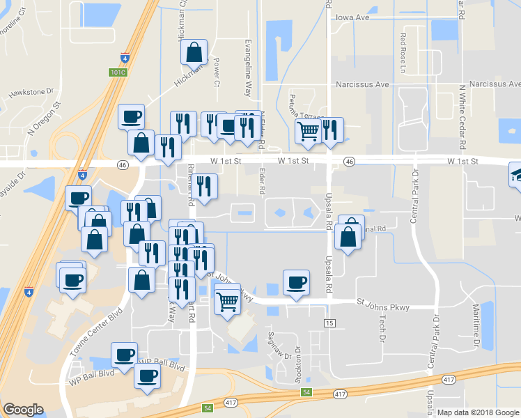 map of restaurants, bars, coffee shops, grocery stores, and more near 2430 San Jacinto Circle in Sanford