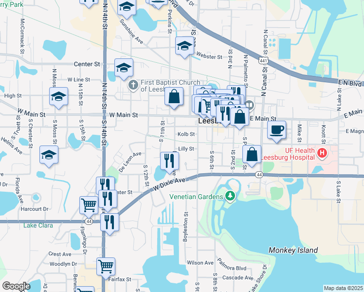 map of restaurants, bars, coffee shops, grocery stores, and more near 914 Lilly Street in Leesburg