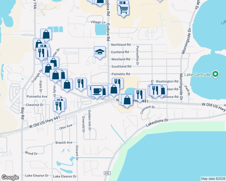 map of restaurants, bars, coffee shops, grocery stores, and more near 1400 Eudora Road in Mount Dora