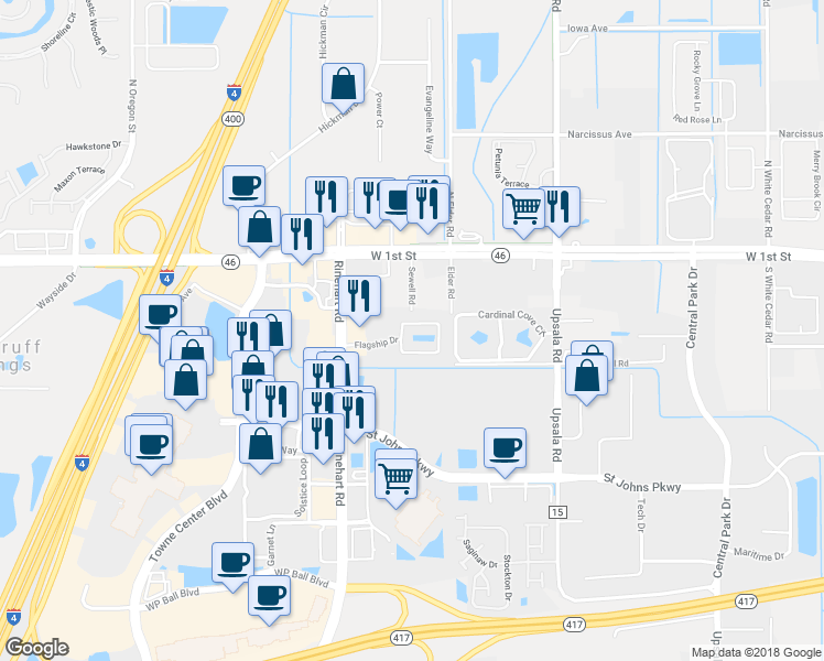 map of restaurants, bars, coffee shops, grocery stores, and more near 3211 San Jacinto Circle in Sanford