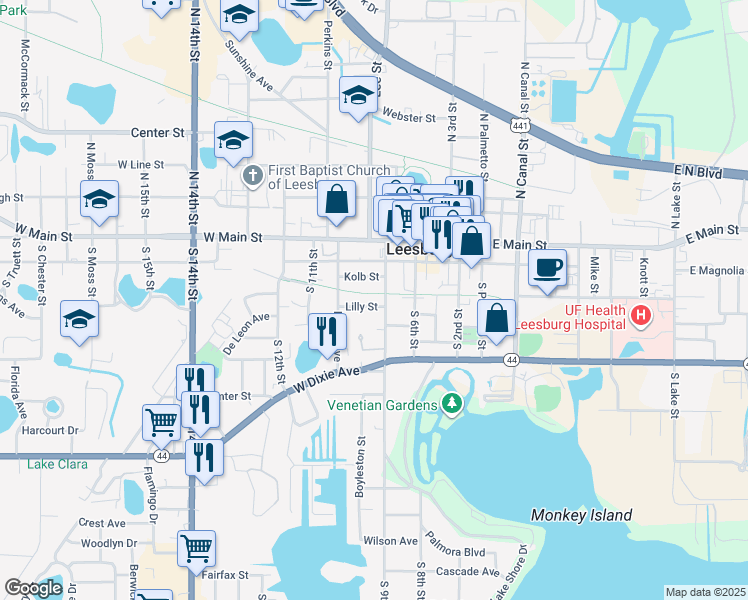 map of restaurants, bars, coffee shops, grocery stores, and more near 908 Lilly Street in Leesburg